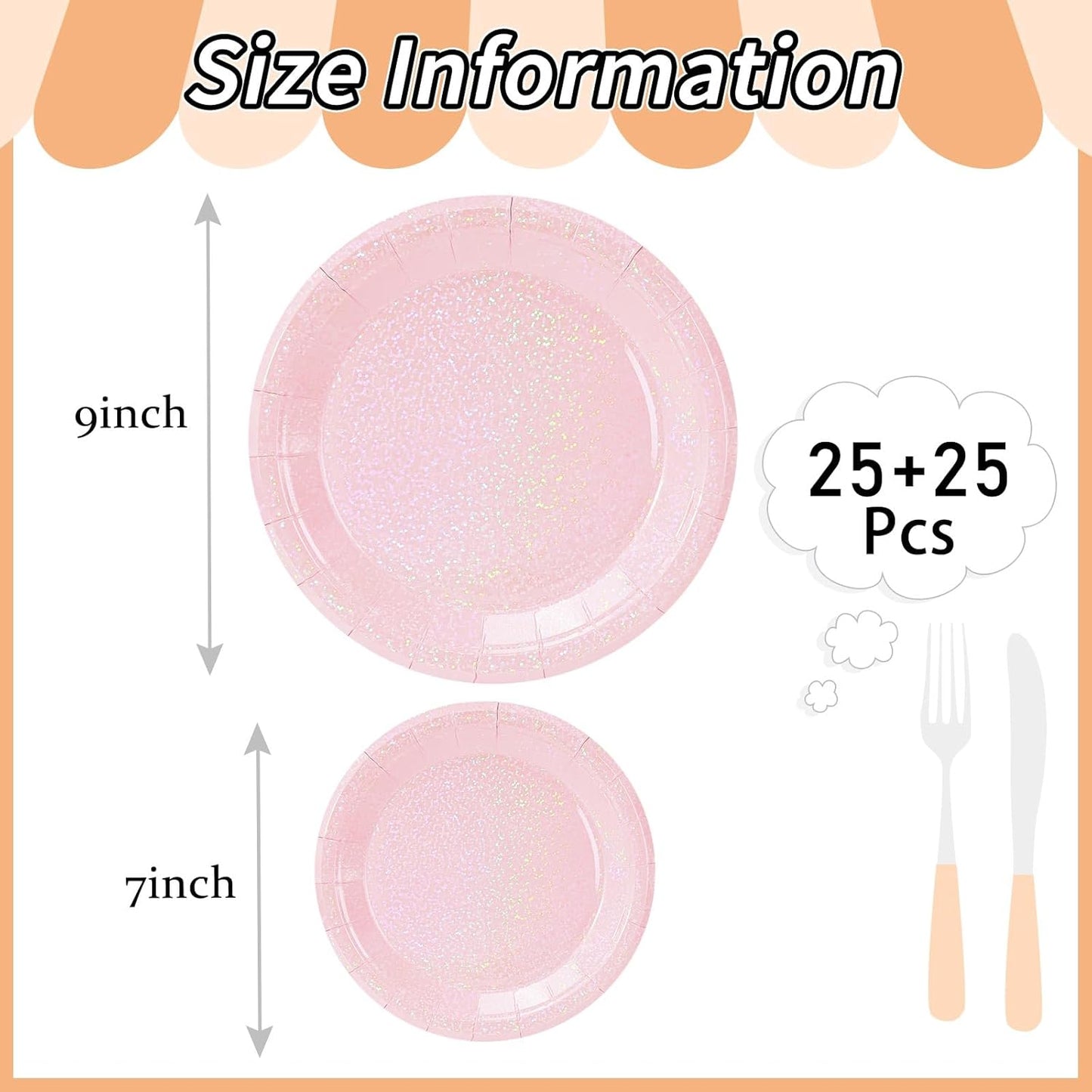 50 Pcs Iridescent Light Pink Paper Plates 25 × 7'' and 25 × 9'' Disposable Pink Shiny Holographic Foil Dinner Plates for Wedding Baby Shower Birthday Disco Party Glitter Dessert Plate