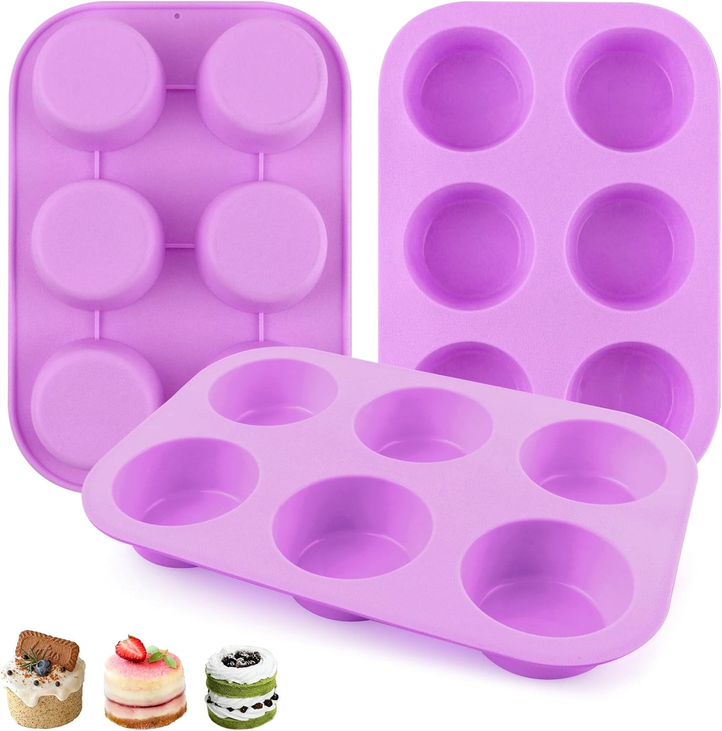 3-Pack 6-Cup Silicone Muffin Pans, Nonstick Cupcake Baking Molds, Muffin Cupcake Pans Molds for Baking, BPA/PFA-Free, Dishwasher & Oven Safe - Purple