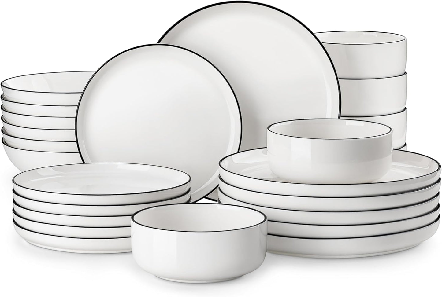 MALACASA Plates and Bowls Sets, 24 Pieces Modern Porcelain Dinnerware Set for 6 Ceramic Dishware Dishes White Kitchen Dinner Dining Ware Set wtih Black Rim Microwave and Dishwasher Safe, Series LUNA