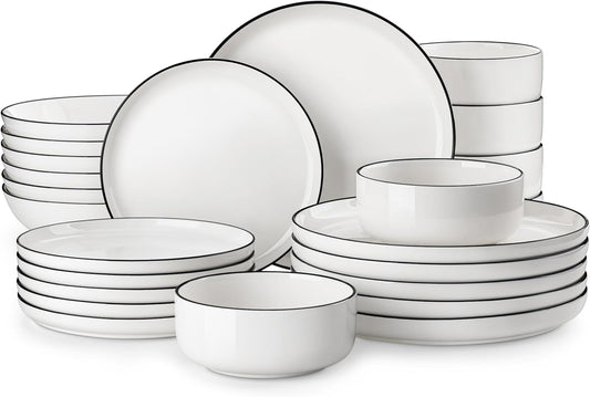 MALACASA Plates and Bowls Sets, 24 Pieces Modern Porcelain Dinnerware Set for 6 Ceramic Dishware Dishes White Kitchen Dinner Dining Ware Set wtih Black Rim Microwave and Dishwasher Safe, Series LUNA