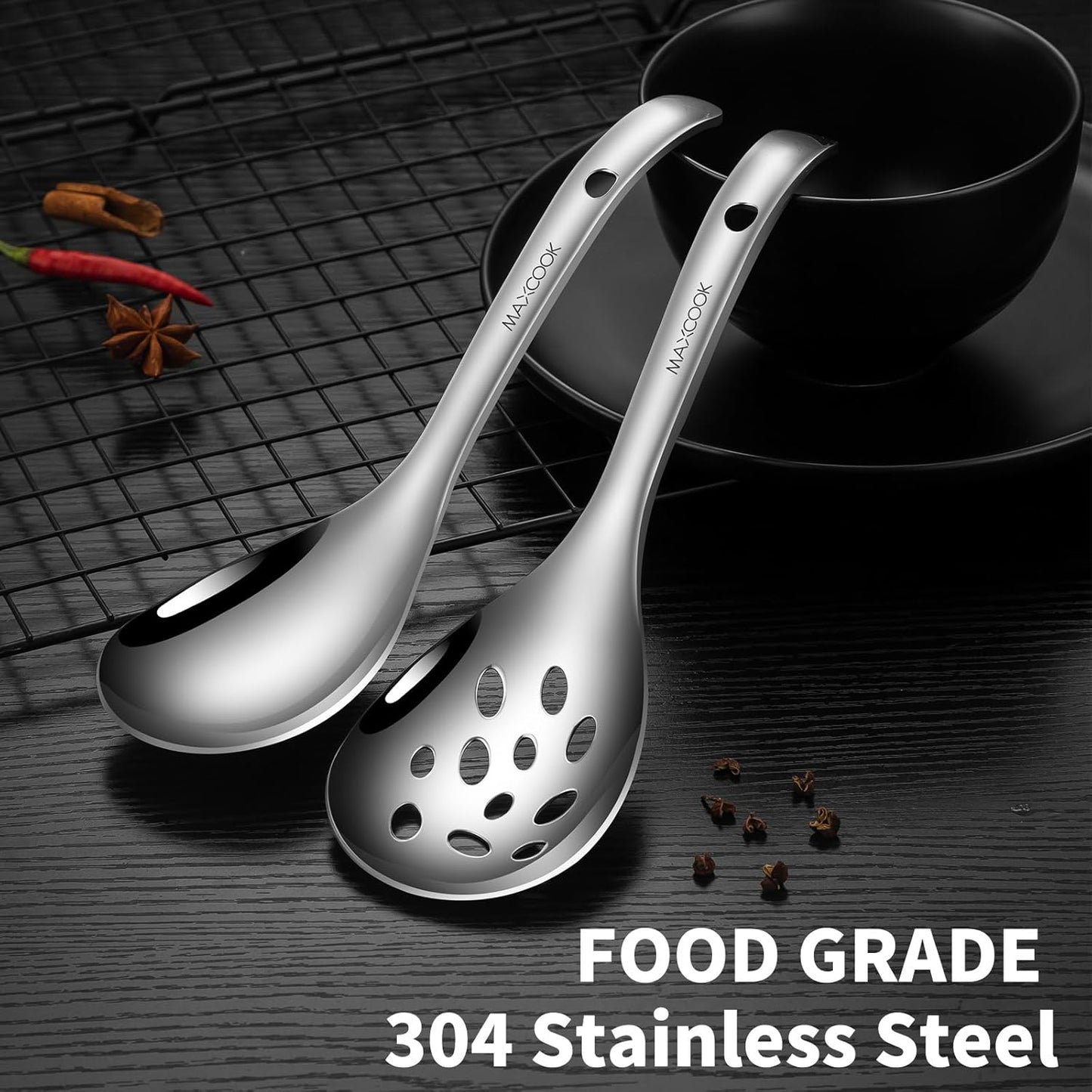 2 Pcs 18/8 Stainless Steel Slotted Spoon Soup Ladle, Kitchen Utensils for Cooking Serving Straining, 9 Inch Cooking Skimmer & SUS 304 Serving Spoons, Ideal for Hot Pot, Salad, Rice, Pasta