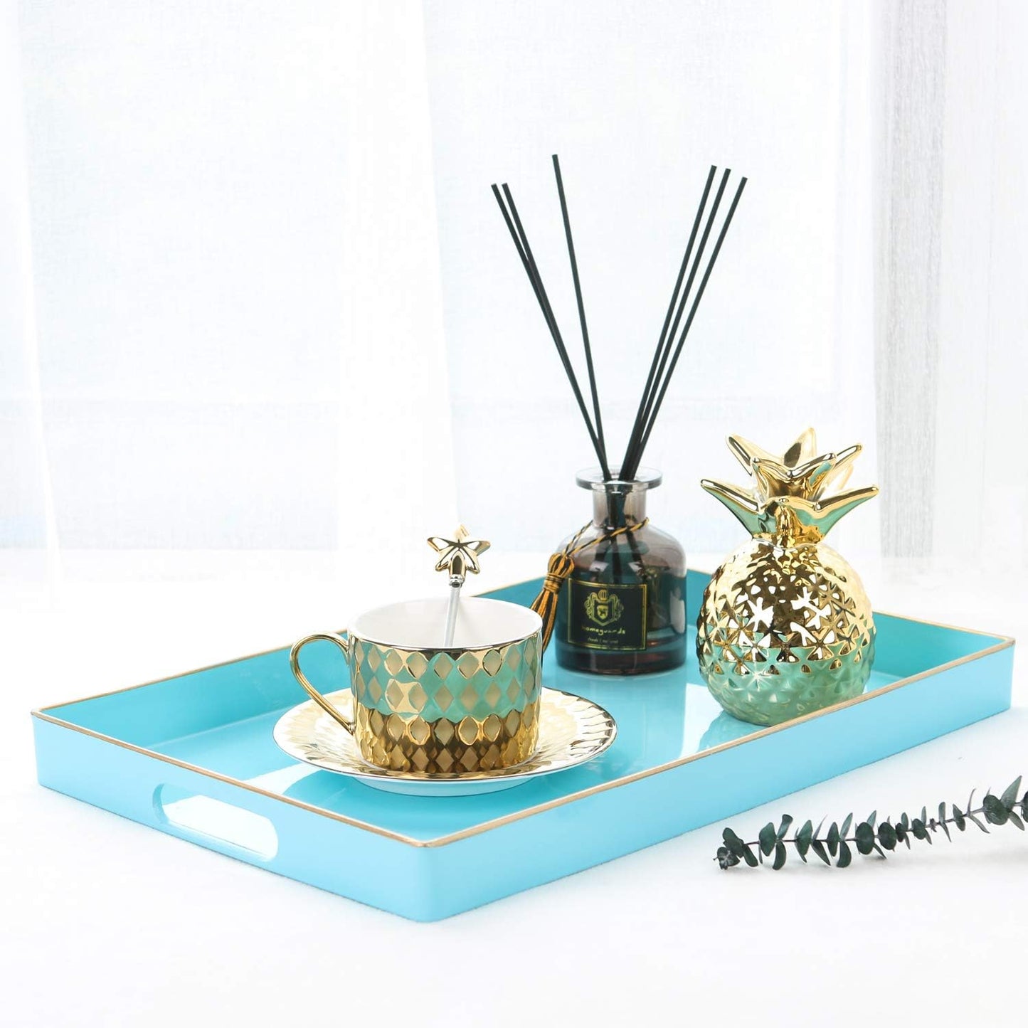 Zosenley Decorative Tray, Rectangular Plastic Tray with Handles, Modern Vanity Tray and Serving Tray for Bathroom, Kitchen, Ottoman and Coffee Table, 15.6” x 10.2”, Blue