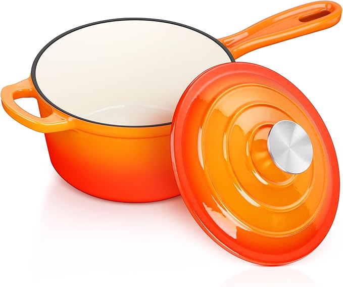 Enameled Cast Iron Sauce Pan with Lid, Leonyo 2 Quart Saucepan with Lid, Small Enamel Cast Iron Dutch Oven Kitchen Cookware for All Cooktops Making Pasta Sauce, Soup, Milk - Up to 500°F & Orange