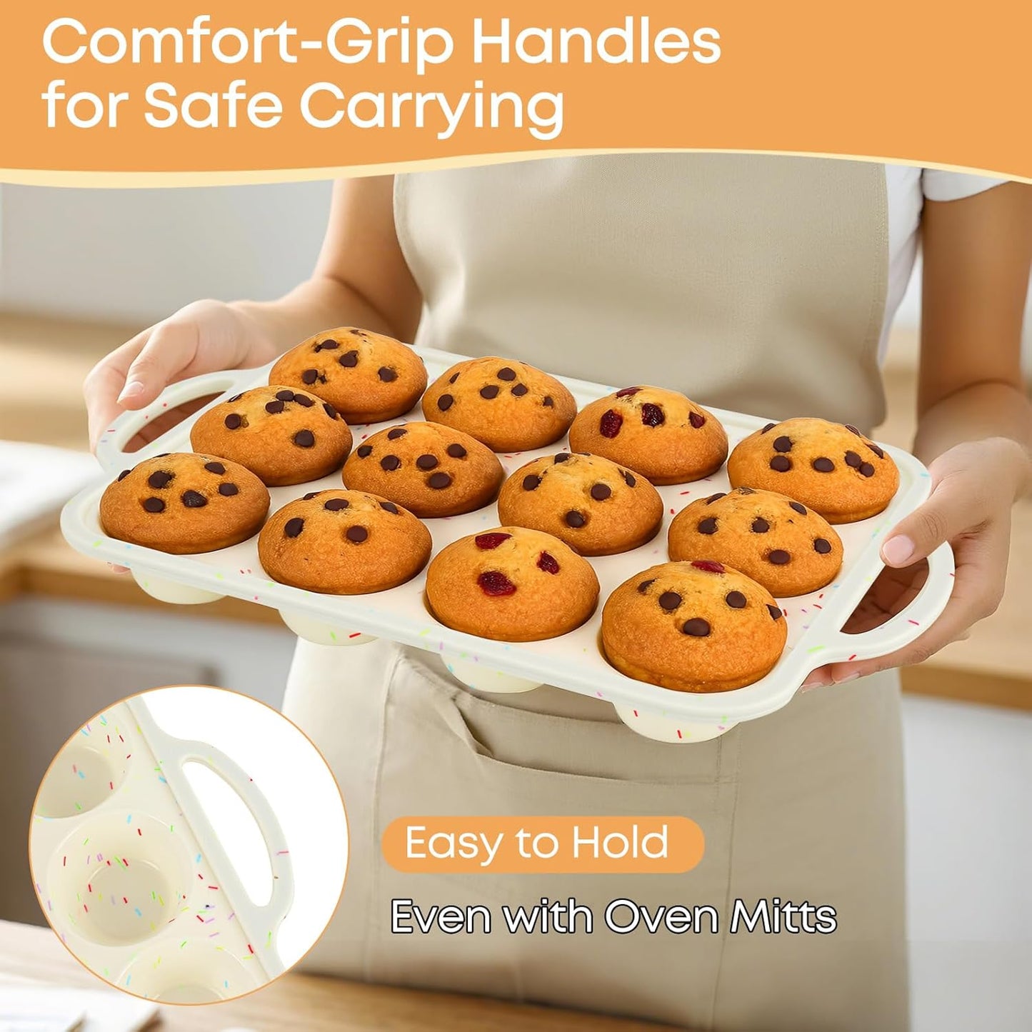 12-Cup Silicone Cupcake Pan, Nonstick Muffin Pan, Dishwasher Safe Muffin Tray with Handles, Food Grade Silicone Muffin Tin for Baking Egg Bites & Cupcakes