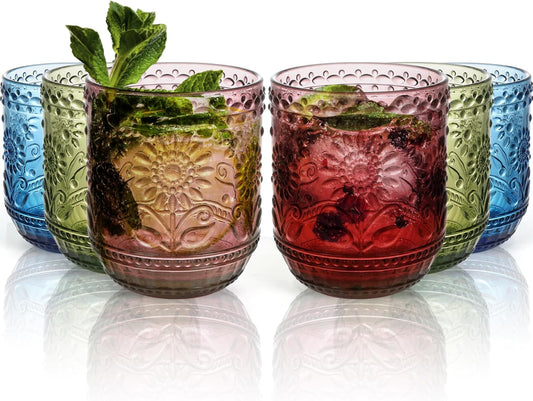 Glass Cups, Vintage Glassware Drinking Glass Set of 6, 12oz Colored Glassware with Sunflower Design, Embossed Floral Decorative Glasses Drinking Set for Cocktail, Wine, Vintage Drinking Glasses