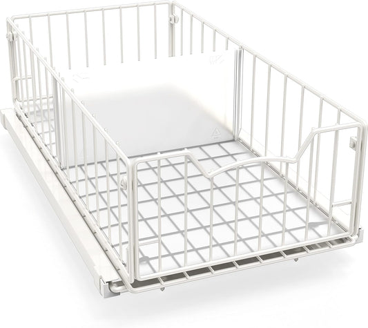 Simple Houseware Pull-Out Cabinet Sliding Basket Organizer, 17.2" D x 9.7" W x 5" H – White, Ideal for Kitchen and Bathroom Cabinet Storage, Under Sink or Pantry Organization