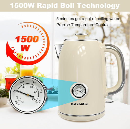 Electric Stainless Steel Tea Kettles1500W-1.7L-with Thermometer, Auto Shut-Off & Boil-Dry, Cool Touch Handle, BPA Free Kettle & Hot Water Kettle (Beige)