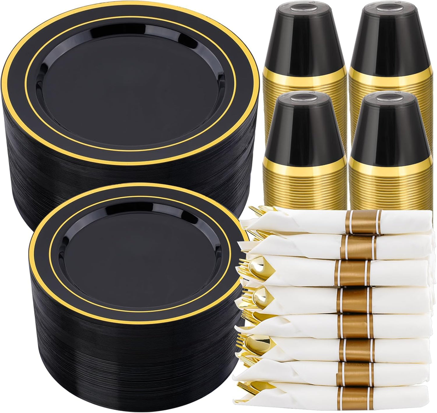 350 PCS Black Plastic Dinnerware Set for 50 Guests, 100 Disposable Plates for Party, 50 Pre Rolled Napkins with Gold Silverware, 50 Cups for Graduation