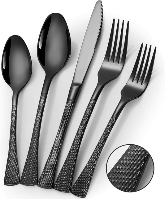 Lemeya Hammered Black Silverware Set for 8,Stainless Steel 40-Piece Modern Cutlery Set,Mirror Polished Heavy Duty Flatware Set Utensil Set,Knives Spoons and Forks Set,Dishwasher Safe