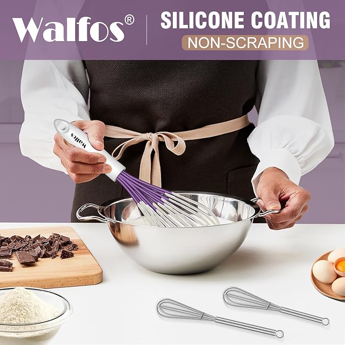 Walfos Whisk,Silicone Whisk Heat Resistant (480°F) Kitchen Whisks set of 5.Non Scratch Coated Whisks for Nonstick Cookware,Egg Wisk Premium for Blending,Whisking,Beating,Frothing. (Purple)