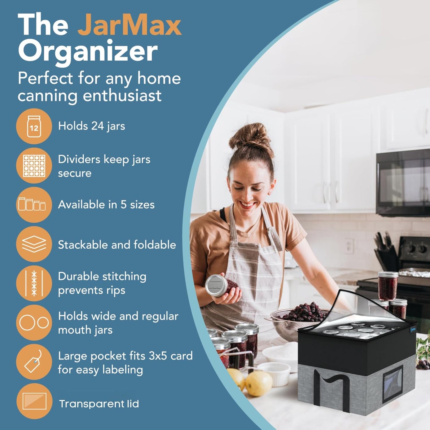 2 Tier 16 oz Pint Mason Jar Storage, Sturdy Pantry Canning Jar Storage Containers, Holds 24 Pint Ball Mason Jars, Foldable Canning Organizer, Stackable Storage Box with Lid & Label holder