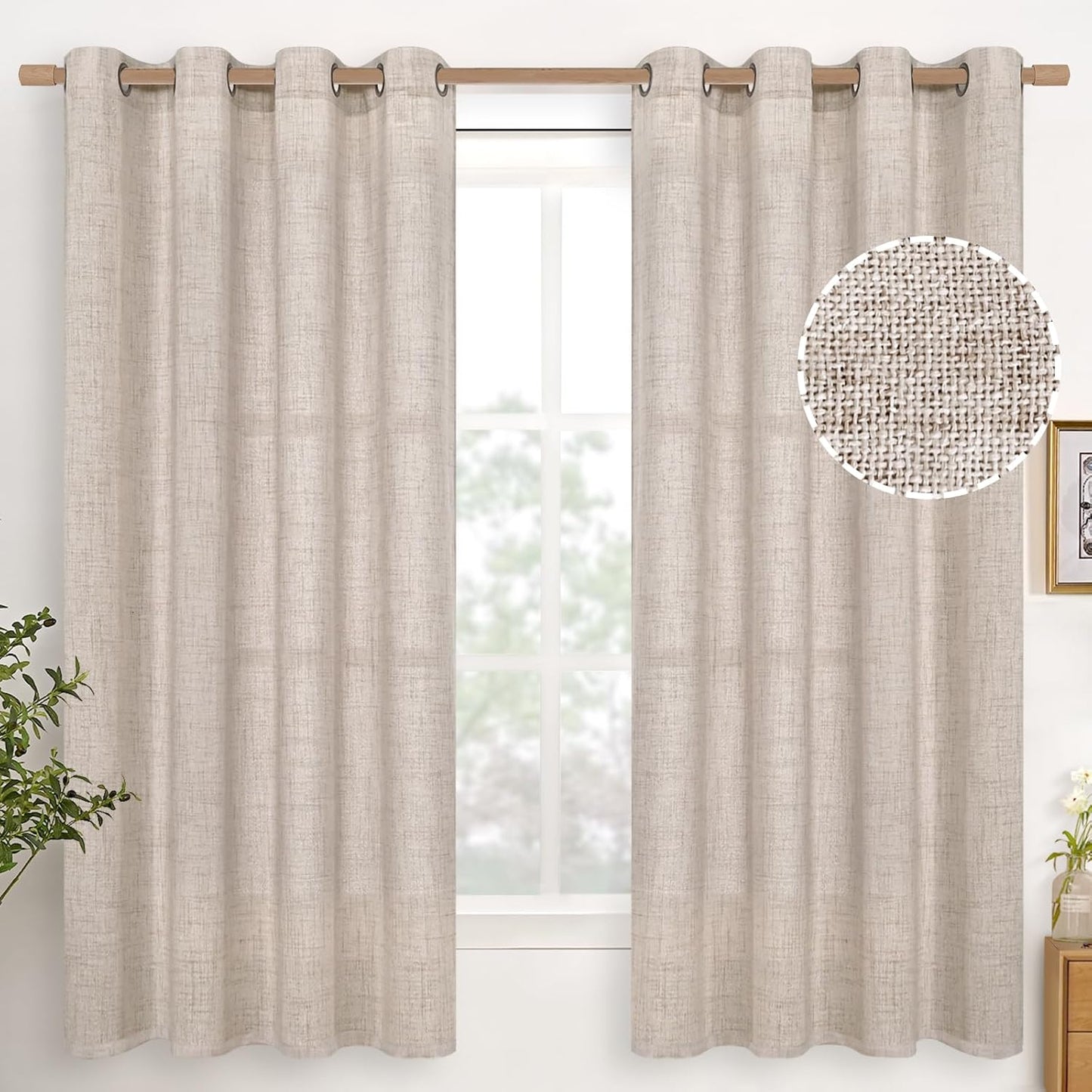 YoungsTex Linen Semi Sheer Curtains 63 Inch Length 2 Panels for Living Room - Light Filtering Drapes with Bronze Grommet Beige Window Treatments for Country Office Bedroom, 52 X 63 Inch