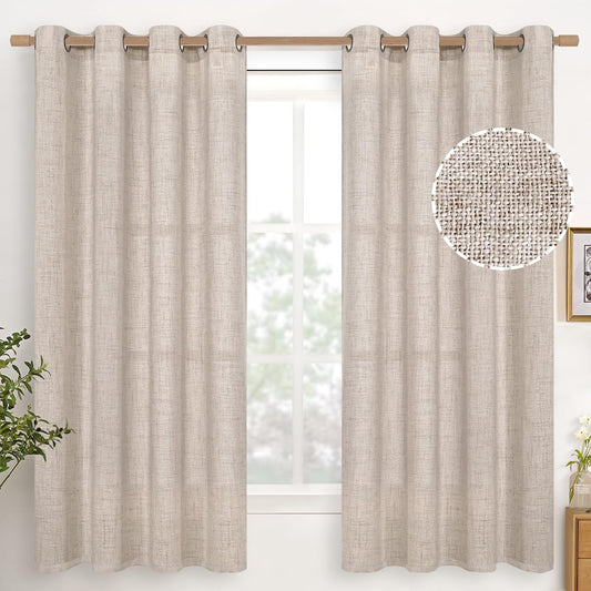 YoungsTex Linen Semi Sheer Curtains 63 Inch Length 2 Panels for Living Room - Light Filtering Drapes with Bronze Grommet Beige Window Treatments for Country Office Bedroom, 52 X 63 Inch