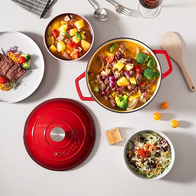 vancasso 6 QT Enameled Cast Iron Dutch Oven with Lid, Dual Handles for Bread Baking, Heavy-duty Round Dutch Oven, Non Stick Coating, All Heat Source, Red