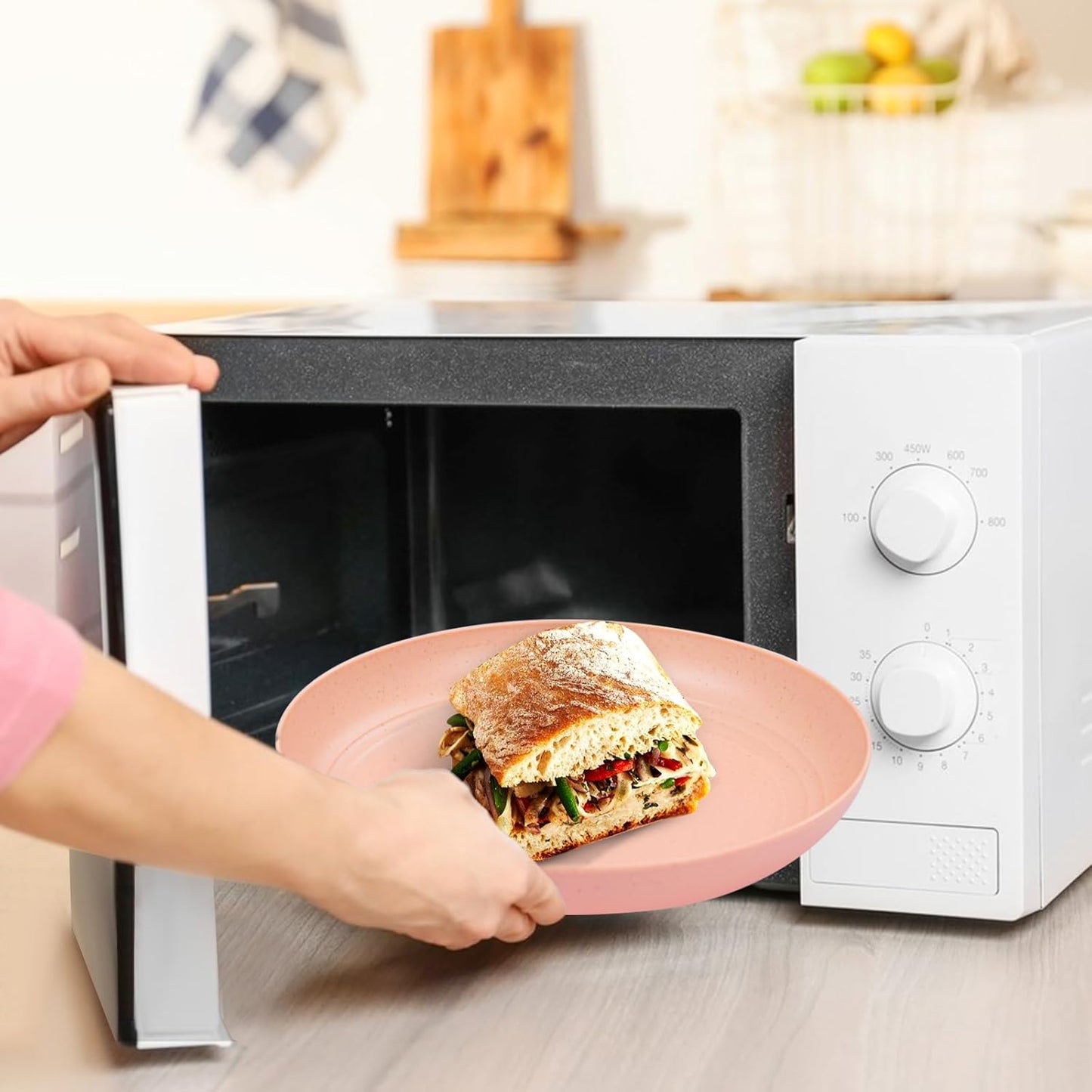 LIYH 48 Pcs Pink Wheat Straw Dinnerware Set, Plastic Plates and Bowls Dinnerware Set, Camping Dish Set for 12, Dishwasher Safe,Unbreakable Plates Reusable,Dish Sets Tableware