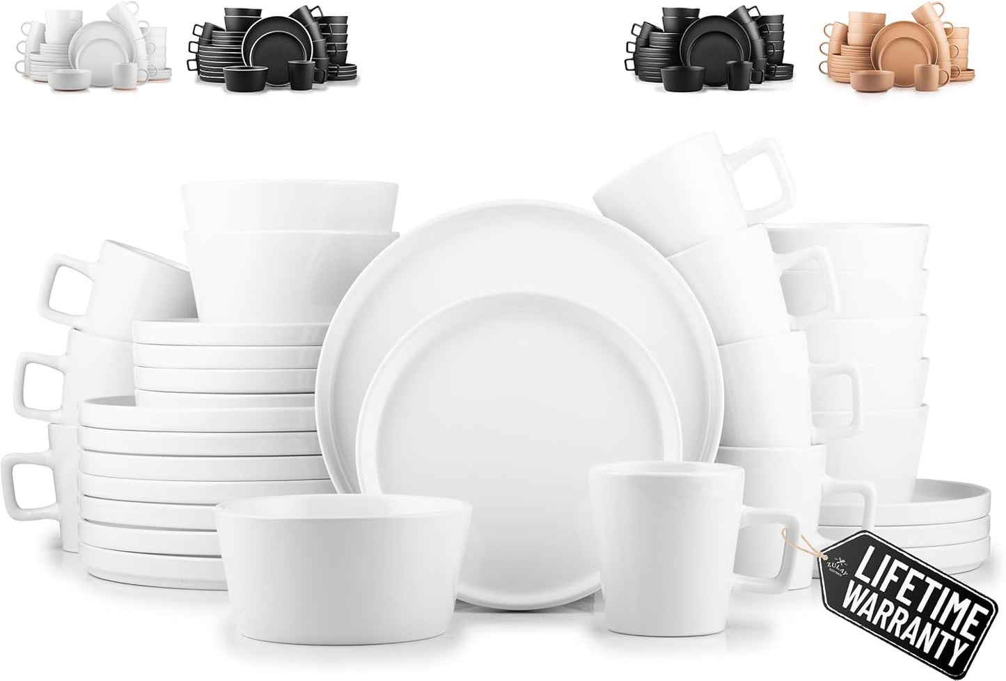 Zulay Kitchen Terra Stoneware 32-Piece Dinnerware Set, Artisanal Ceramic Plates and Bowls Set Crafted at 2300℉ - Service for 8, Frost White