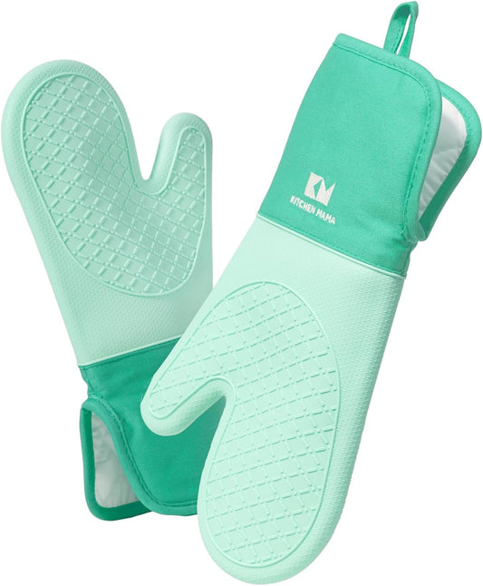 Kitchen Mama UltraShield Silicone Oven Mitts – Heat Resistant, Non-Slip Surface, Durable, Safe, Pot Holders, Flexible Waterproof Glove Set, Perfect for Cooking, Baking, Grilling, BBQ (Teal)