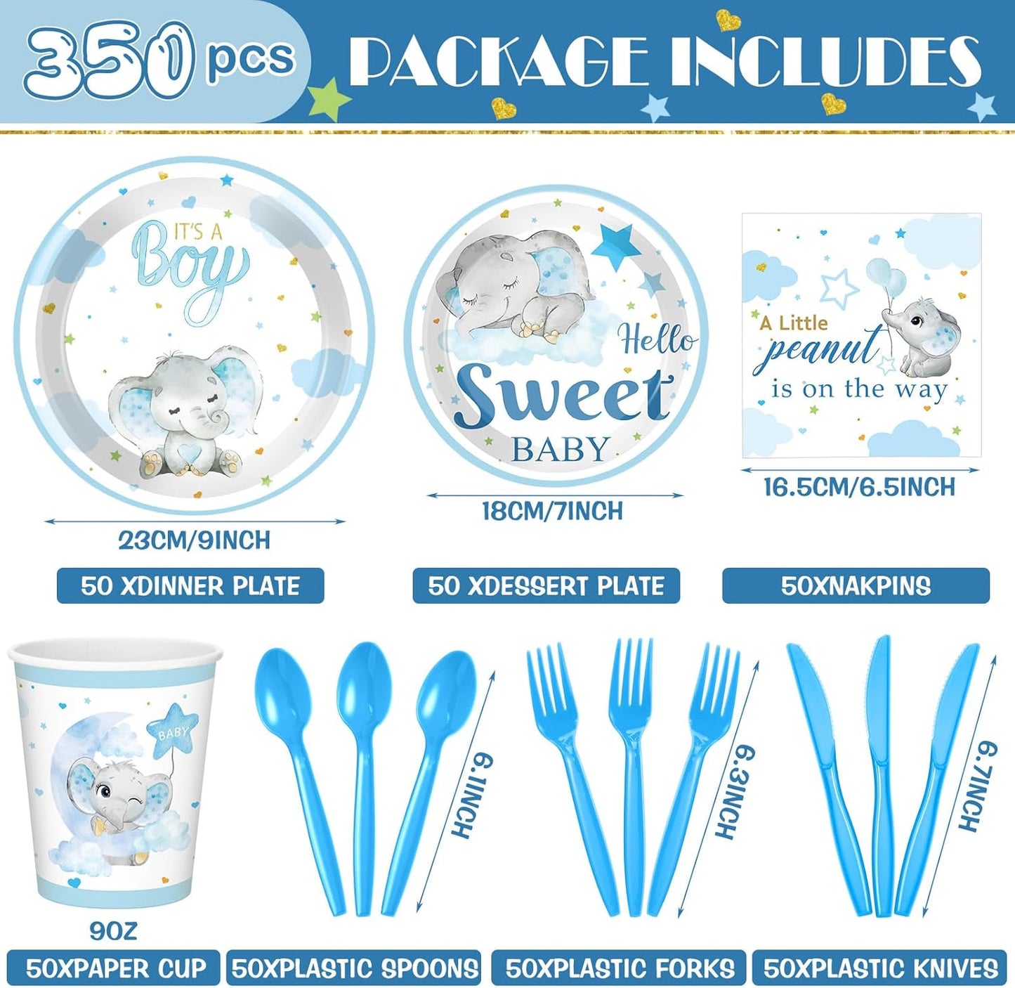 Dandat 350 Pcs Baby Shower Plates Set Baby Shower Party Supplies Serves 50 Tableware Sets Include Plates Napkin Cup Forks Knives Spoons Disposable Dinnerware(Elephant,Blue)