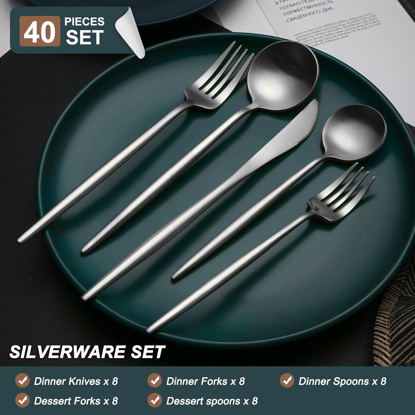 40 Pieces Silverware Set, Stainless Steel Flatware Set for 8, Satin Finish Spoons and Forks Silverware Set, Silver Cutlery Utensils Set, Dishwasher Safe