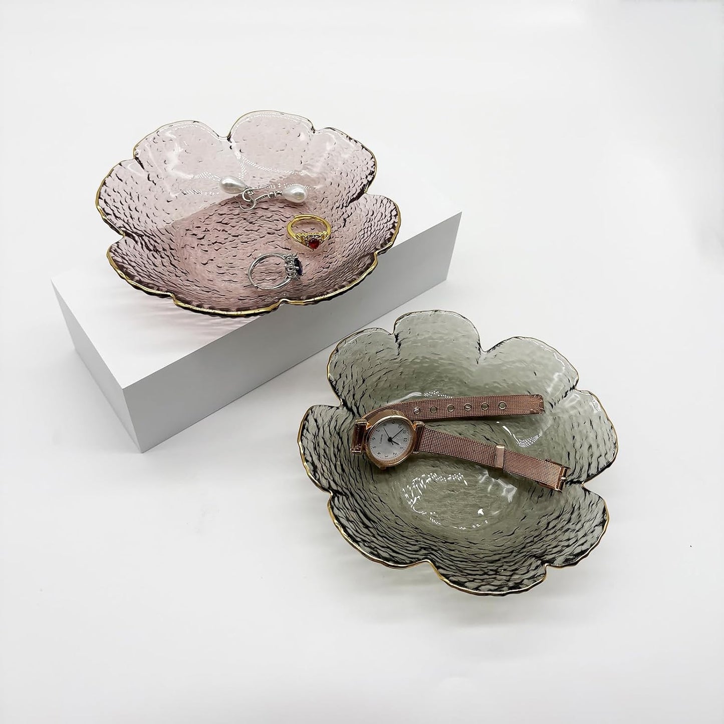 Pink Small Ring Dish, Flower Glass Jewelry Dish Tray, Crystal Jewlery Ring Holder Dish, Vanity Decorative Dish Trinket Tray, Engagement Gift Jewelry Plate for Rings,Earrings, Entryway Key Bowl