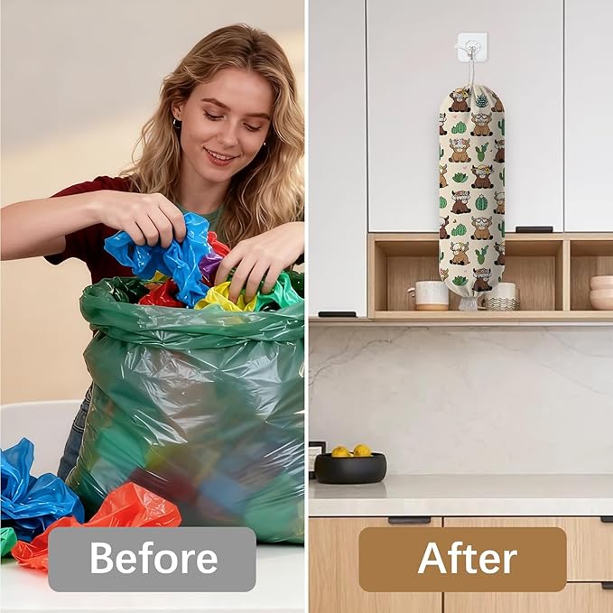 Plastic Bag Holder Highland Cow Bag Holder Dispenser, Plastic Grocery Bag Organizer & Wall Mount Paper Trash Bags Saver Storage for Kitchen Home Pantry Decor, Fun Farmhouse Decor