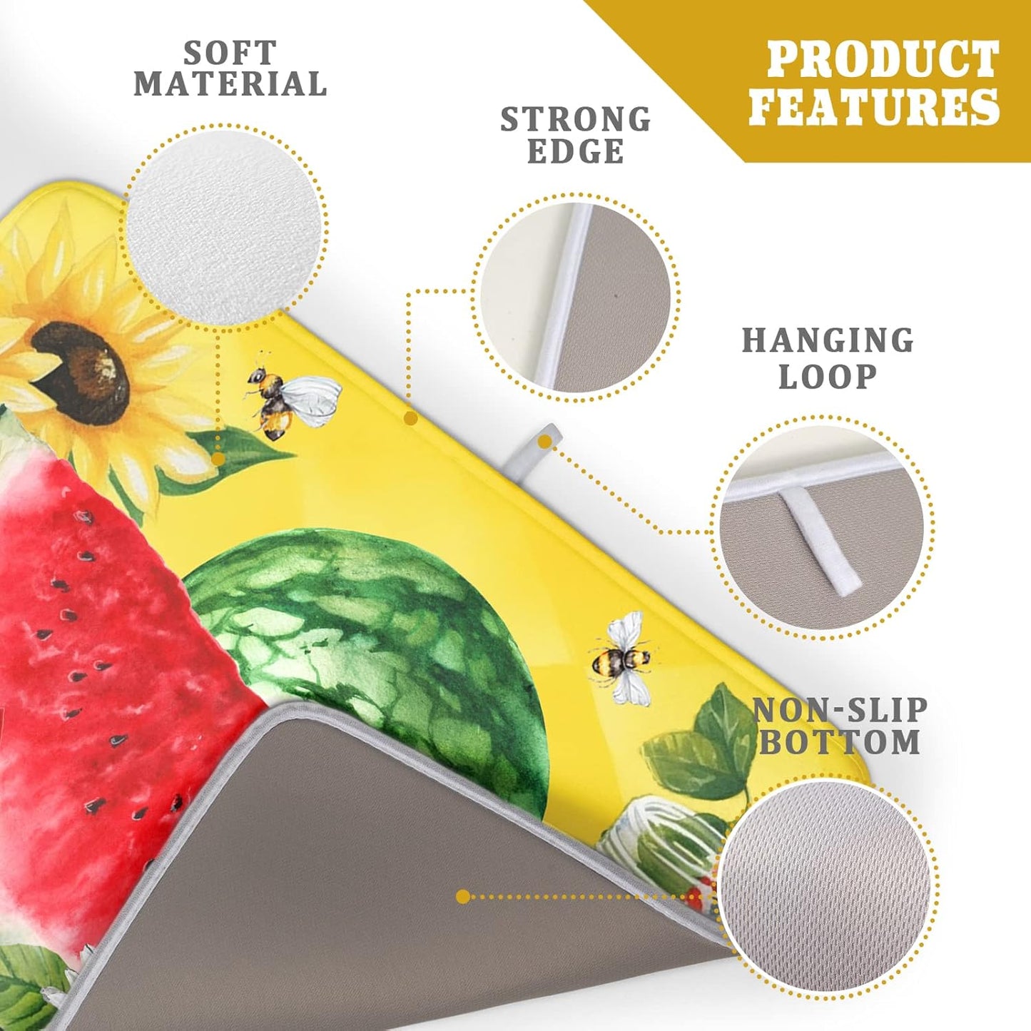 Dish Drying Mat Watermelon Summer Fruit Bee Flower Check Yellow Absorbent Dishes Pad Drainer Rack Mats Heat Resistant Kitchen Counter Protector Plate Bottle Pot Holder 18x24 Inch