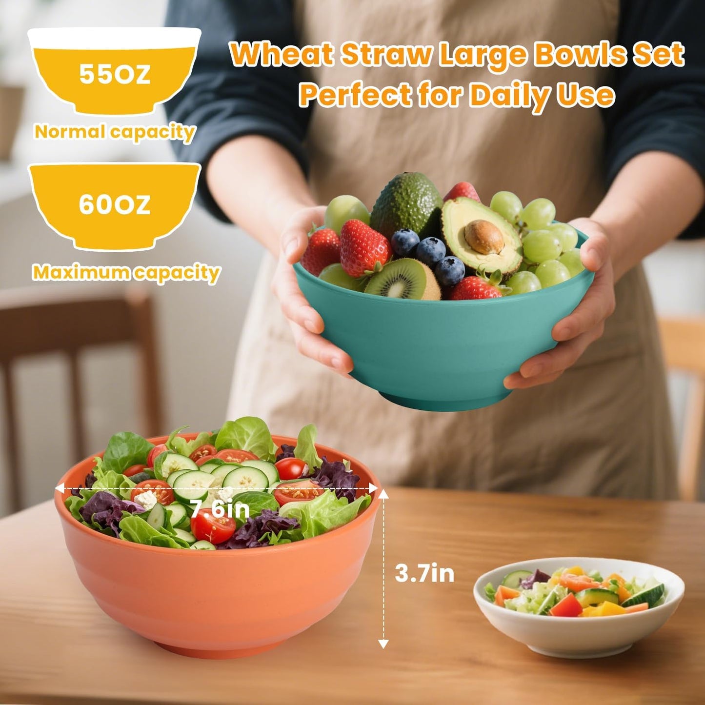 Homienly Wheat Straw Large Bowls, 60 OZ Large Capacity Salad Bowl,Unbreakable Bowl Set of 6, Serving Bowls for Kitchen, Picnic, Party, Microwave and Dishwasher Safe Camping Bowl Set-Multi