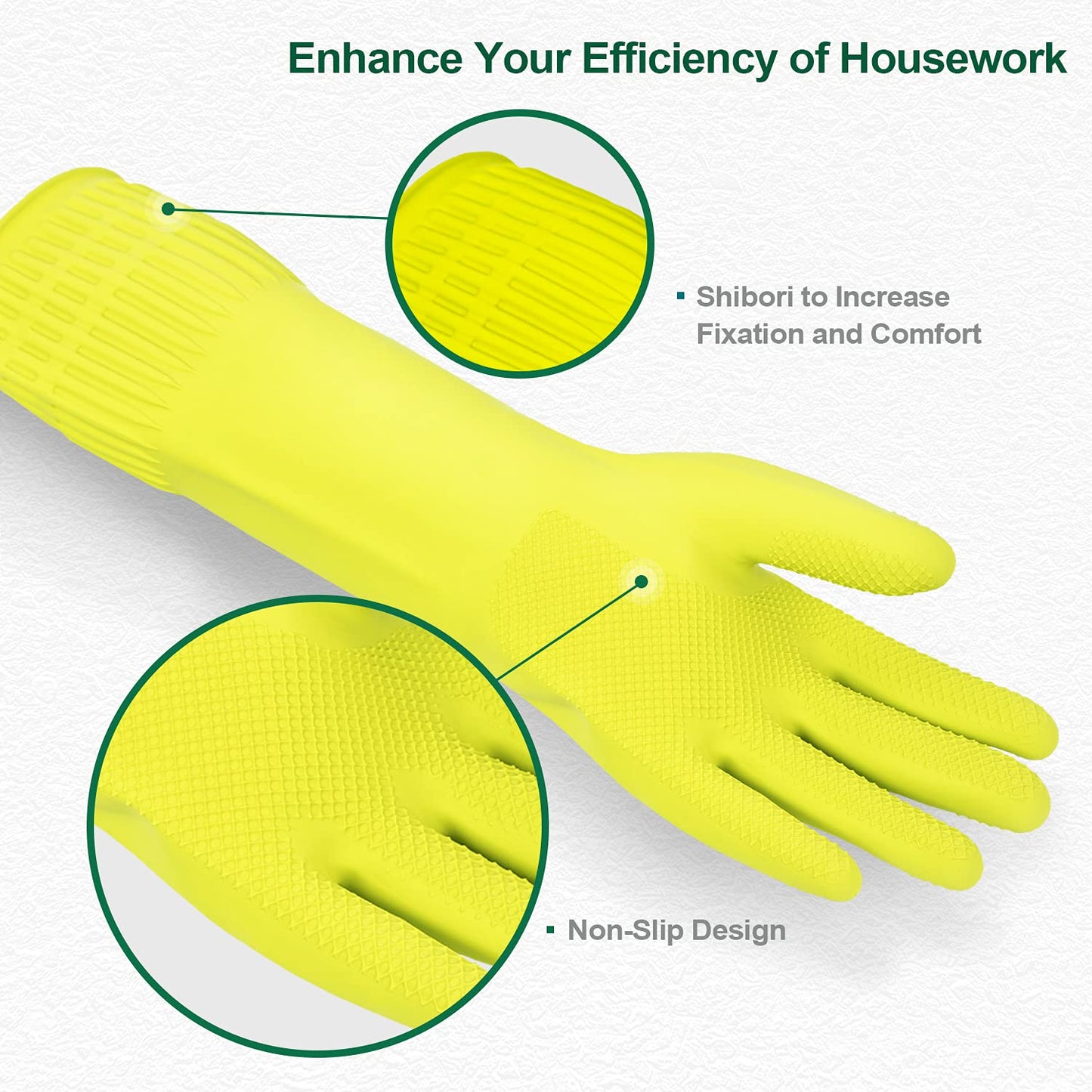 Mamison 2 Pairs Reusable Waterproof Household Dishwashing Cleaning Rubber Gloves, Non-Slip Kitchen Glove (Green, Medium (Pack of 2))