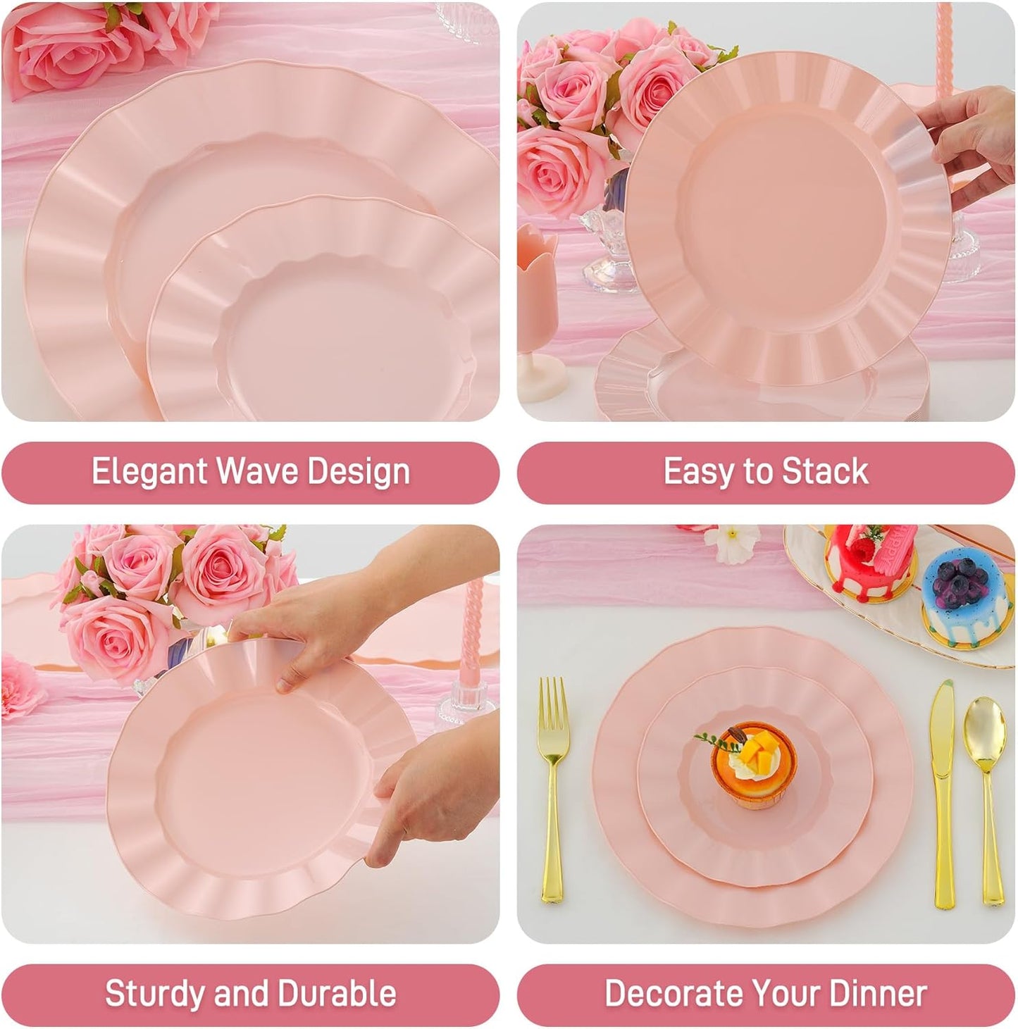 60Pcs Premium Pink Plastic Plates, Fancy Nice Disposable Plate, Elegant Wedding Plates Set include 30 10" Dinner & 30 7" Dessert Plates for Party & Wedding（30Guests