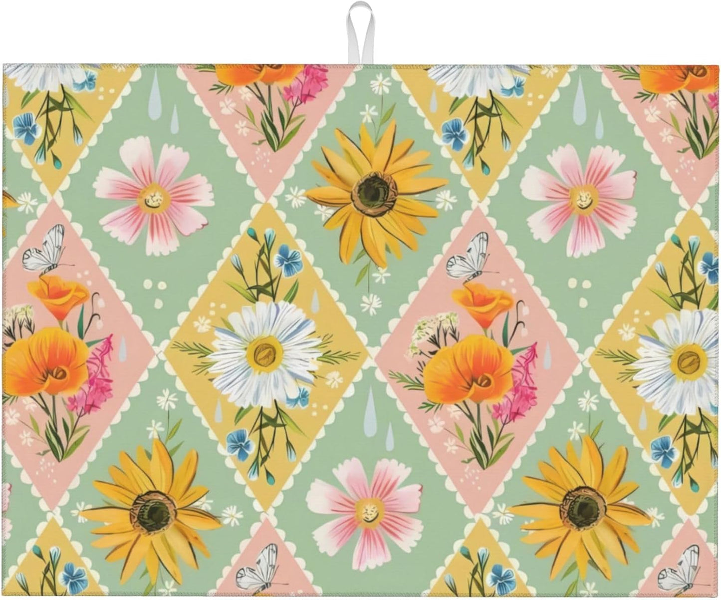 Daisy Flowers Dish Drying Mat 18x24 Inch, Microfiber Absorbent Fast Dry Mat Floral Large Dish Mat Drying Kitchen Mat, Kitchen Drying Pad for Kitchen Counter Coffee Bar Decor Gifts