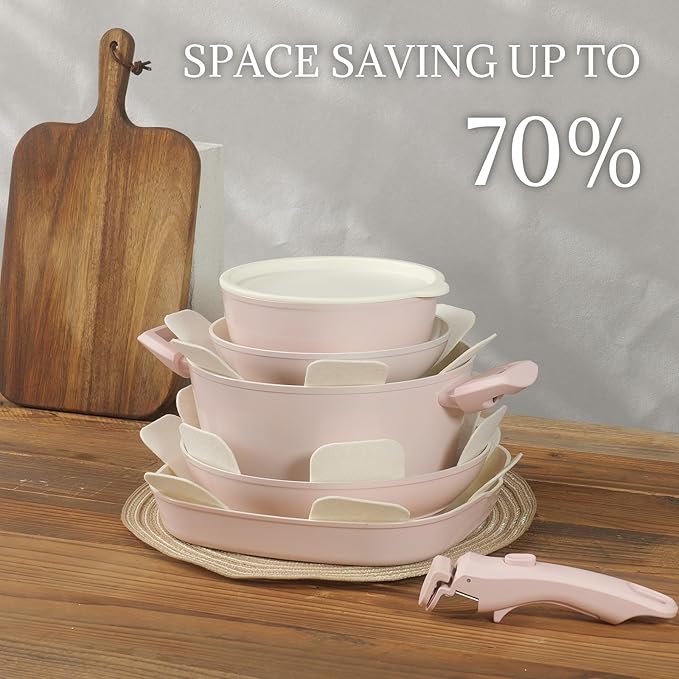 23Pcs Ceramic Cookware Set Non Stick Pots and Pans Set Non Toxic with Detachable Handle Induction Kitchen Cookware Set Space Saving, Oven & Dishwasher Safe, Pink