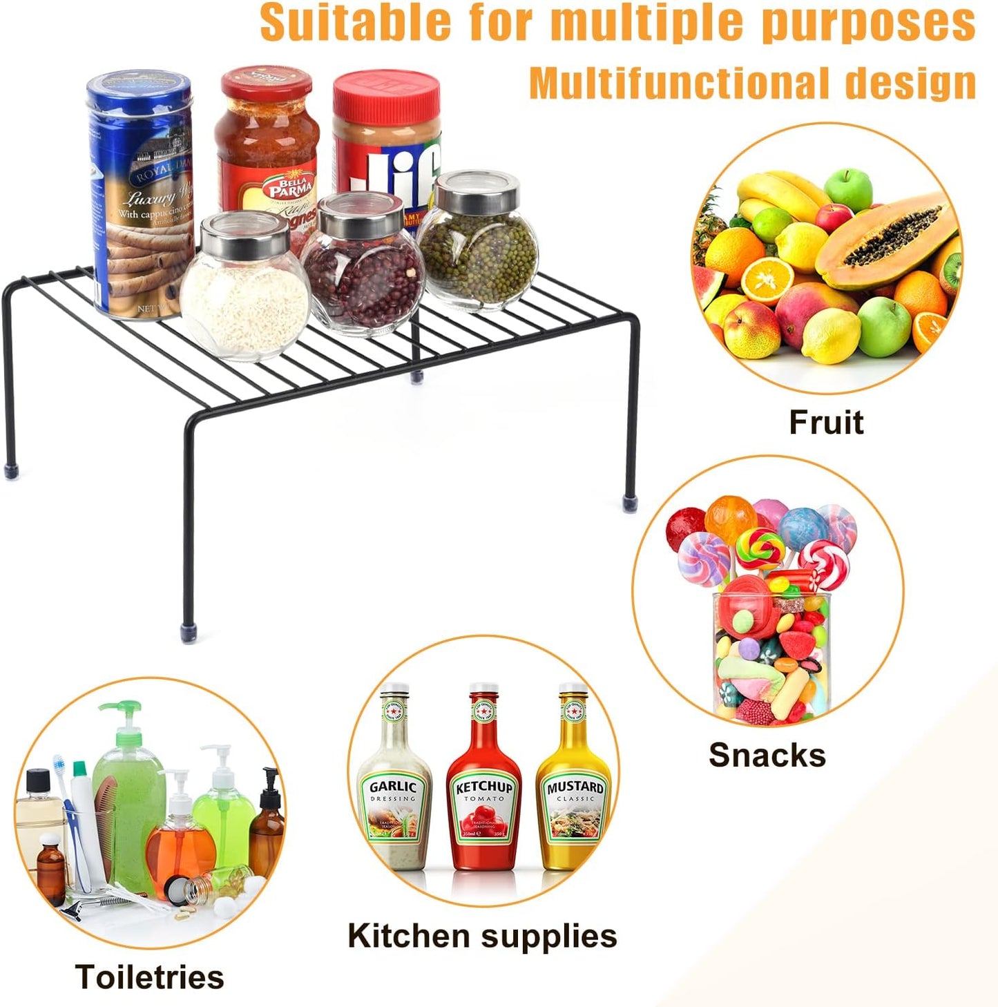 Kitchen Cabinet Storage Shelf Rack/Plastic Feet - (13.1 x 10.2 Inch) - Steel Metal - Rust Resistant Finish - Cups, Dishes, Cabinet & Pantry Organization (4, Black)