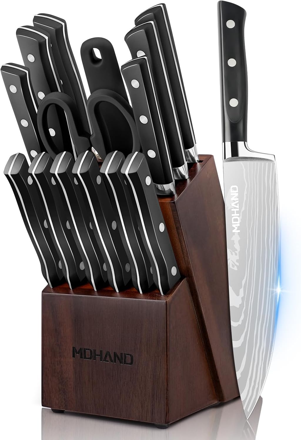 MDHAND Knife Set with Block, 15 Pieces Professional Chef Knife Set, Forged, High Carbon Stainless Steel Kitchen Knife Set with Sharpener - Forged Triple Rivet, Dishwasher Safe, Best Chef Gifts, Black