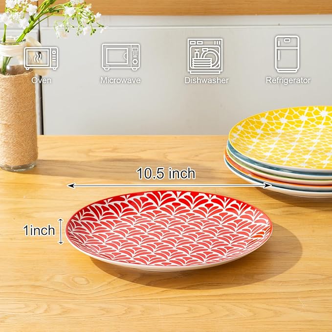 AntoKueh Dinner Plates 10.5 inch Ceramic Dessert Plate Set of 6, Large Size Porcelain Plates for Kitchen,Pizza,Pasta,Dishwasher Safe,Assorted Colorful