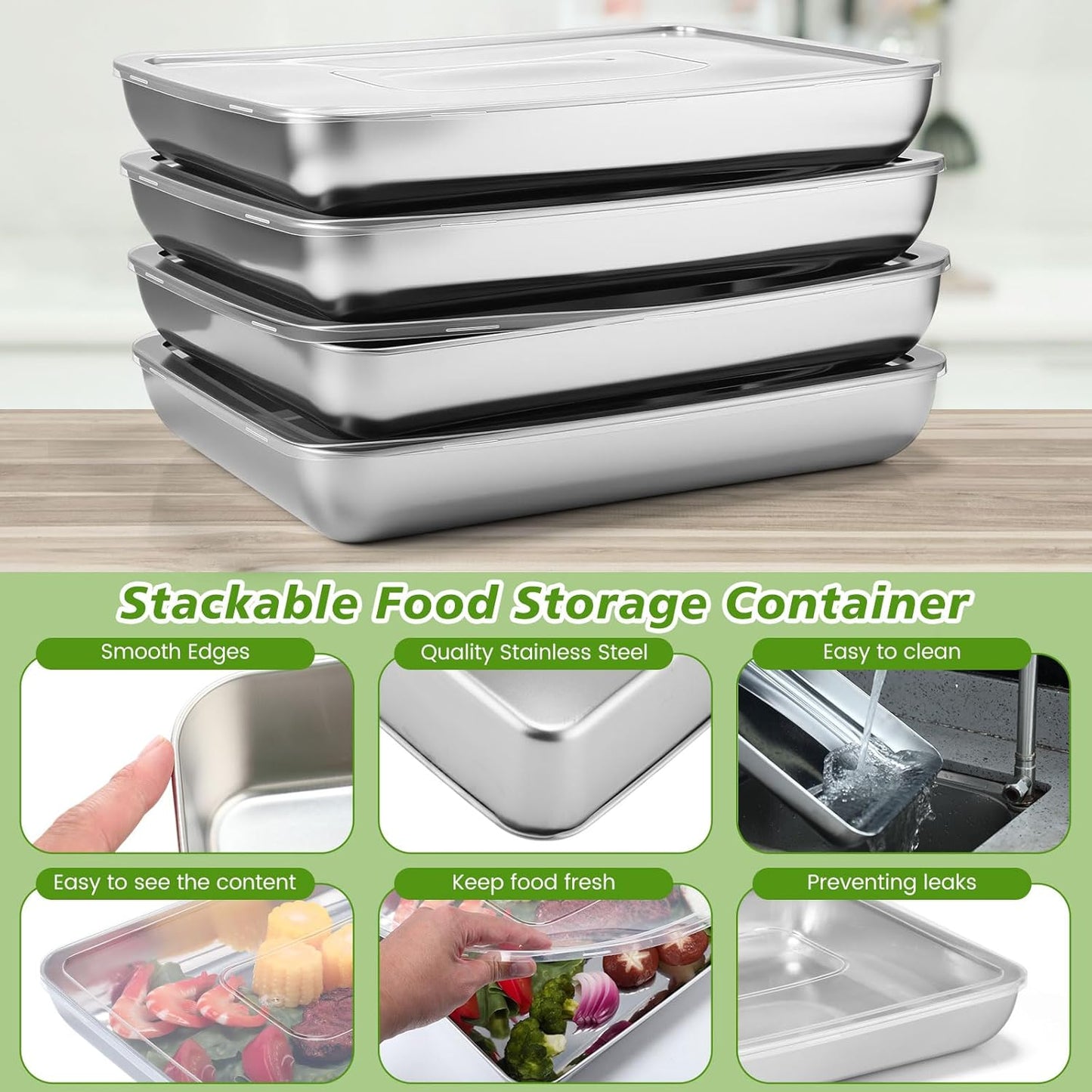 12 Pcs 162oz Stainless Steel Food Storage Containers with Lid Reusable Meal Prep Container Stackable Metal Storage Box Kitchen Tray for Meat Marinating Oven Freezer Leftovers Dishwasher Safe