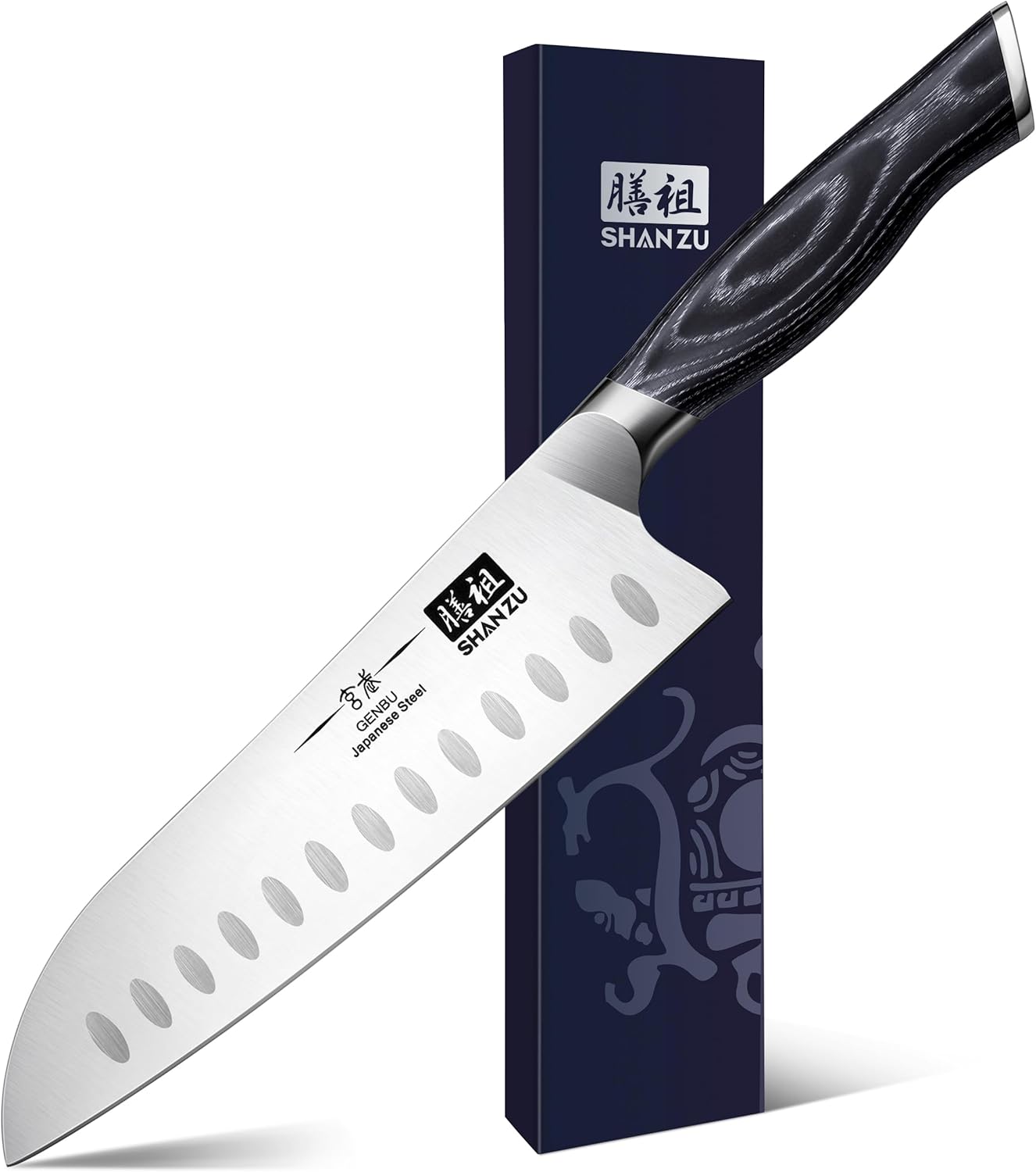 SHAN ZU 7 Inch Japanese Chef Knife, Professional Kitchen Knives, Japanese Super Steel Sharp Santoku Knife with K133 Ergonomic Handle, Black Tortoise Genbu Series