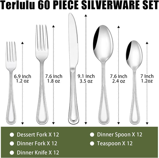 60-Piece Silverware Set for 12, Stainless Steel Flatware, Mirror Polished Cutlery Set, Utensils Include Spoons, Forks, Knives for Home, Restaurant, Beaded Handle, Dishwasher Safe