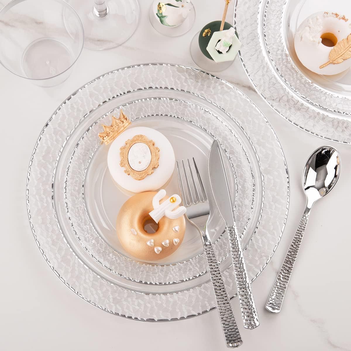 Ciaell 150PCS Clear Silver Plastic Plates - Silver Disposable Plates include 25Dinner Plate, 25Dessert Plate, 25Forks, 25Knives, 25Spoons, 25Cups for Weddings & Parties