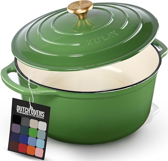 Zulay Kitchen 6 Quart Enameled Cast Iron Dutch Oven Pot with Lid – Premium Durability & Oven Safe up to 500°F – Heavy Duty Cookware Perfect for Bread Baking, Stews, Braising & Roasting – Green