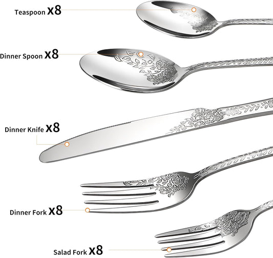 Floral 40 Pcs Silverware Set for 8, Food Grade Stainless Steel Flatware Set with Rose Flower Embossed Design, Eating Utensils Sets Include Fork/Knife/Spoon, Reusable Cutlery Set, Dishwasher Safe