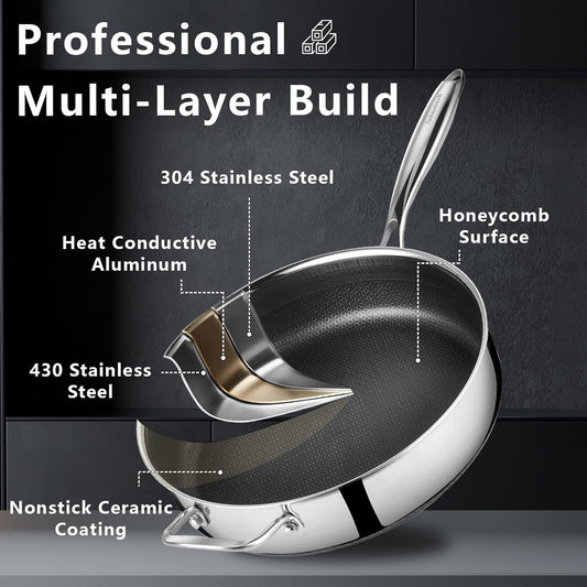 12 Inch Frying Pan Nonstick with Lid, 5.6QT Hybrid Ceramic Deep Saute Pan & Skillet, Tri-Ply Stainless Steel for Even Heat, PFOA/PFOS Free, Induction & Oven Safe