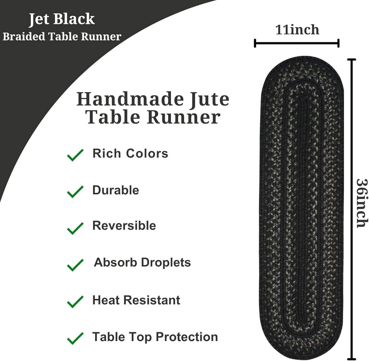 Homespice Jet Black Braided Oval Table Runner, Warm Primitive Decor,11x36 - Jute Dining Table Accessories - Rich Colors, Easy to Clean, Durable and Protects Furniture