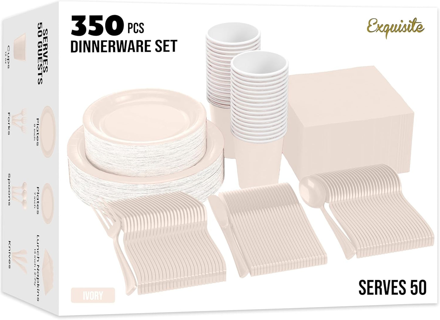 Exquisite 350 Pcs Ivory Paper Plates For Party, Ivory Disposable Plates Set, 50 Of Each 9" Dinner Plate Set, 7" Dessert Plate, Cups, Napkins & Cutlery Paper Dinnerware