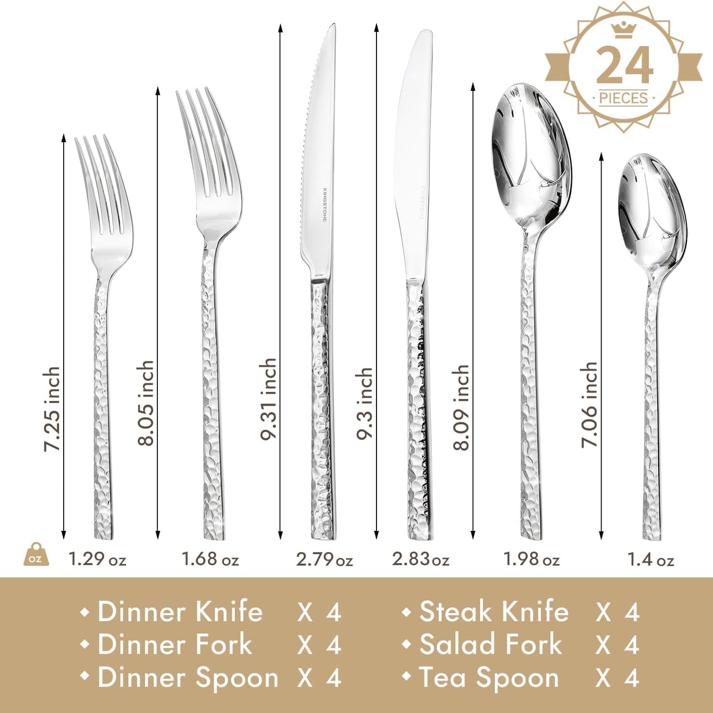 KINGSTONE 24 Piece Silverware Set with Steak Knives, Hammered Silverware Set for 4, 18/10 Stainless Steel Flatware, Cutlery Set for Home, Party, Wedding, Mirror Polished Dishwasher Safe