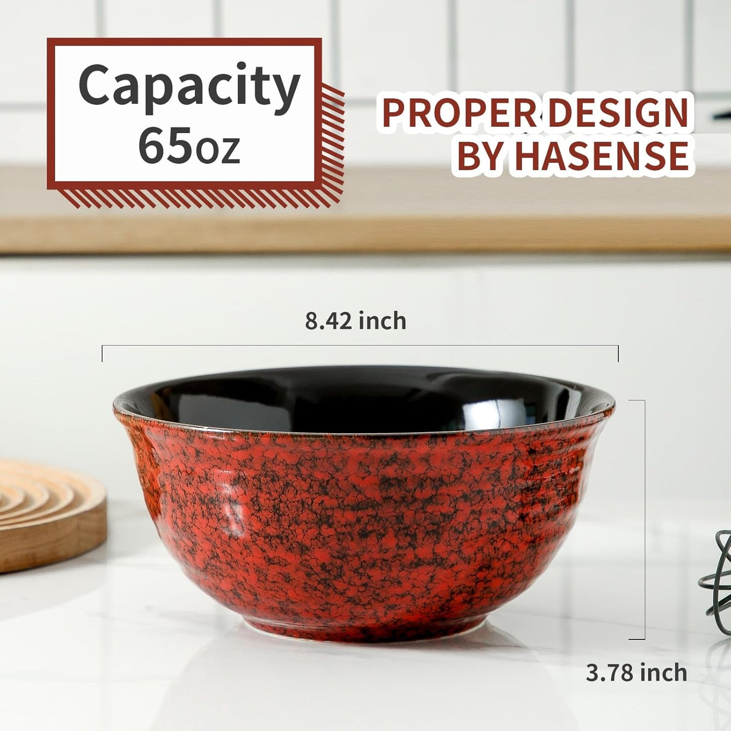 Hasense Ceramic Salad Bowl, 60 Ounces Large Serving Bowls, 8.5 Inch Soup Bowls Set of 2, Pasta Bowls for Ramen, Pho, Fruit, Housewarming, Wedding Gifts, Microwave Dishwasher Safe, Red