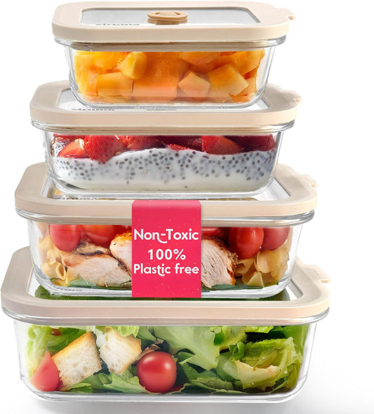 Ziruma Non-Toxic 4 Pack - Glass Food Storage Containers With Lids – Plastic Free, Airtight Meal Prep Containers, Multi-Size (12, 21, 35, 50 Oz), Microwave & Freezer Safe
