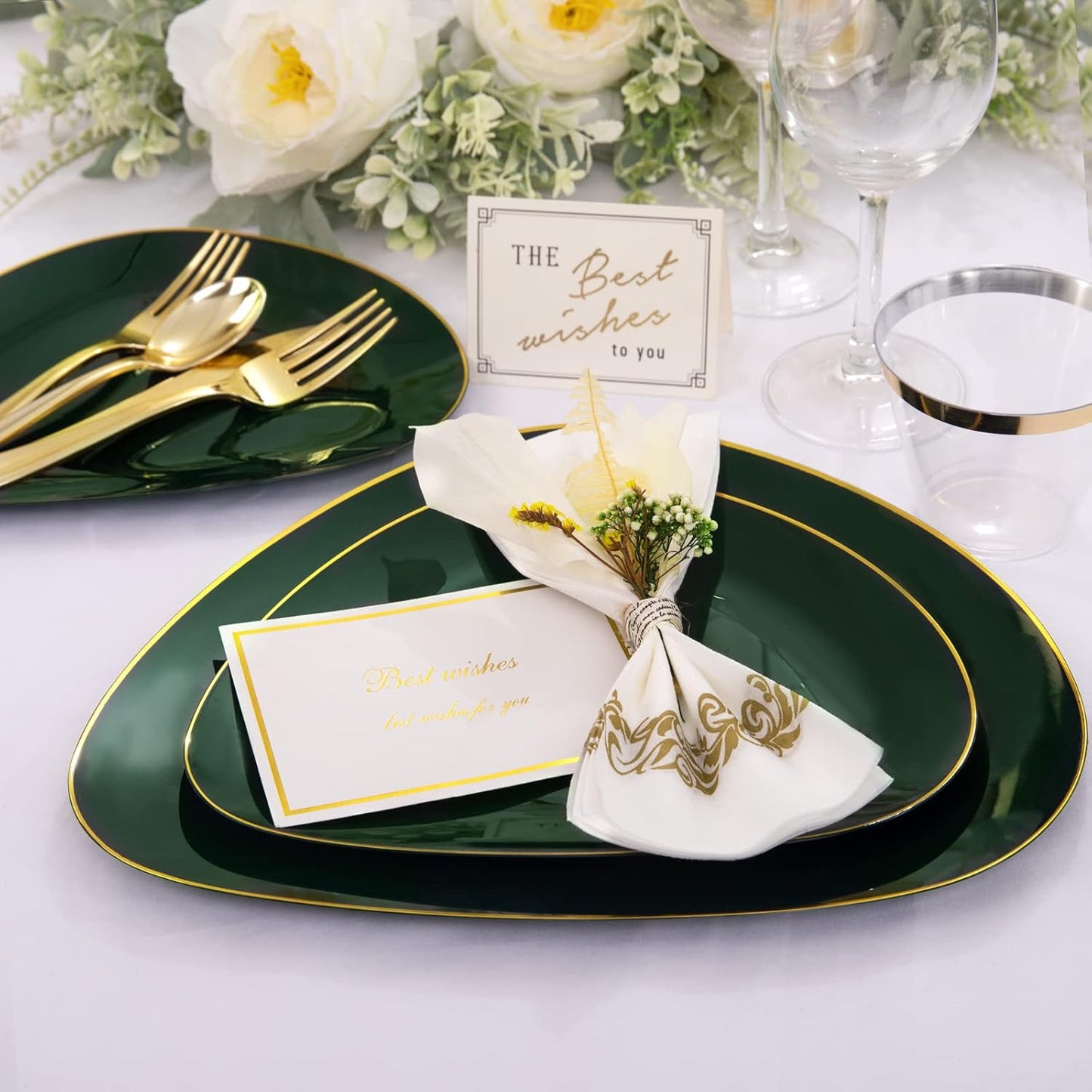 DaYammi 180Pcs Green Plastic Plates, Green Gold Disposable Plates with Gold Silverware Dinnerware Set Include: 30 Dinner Plate,30 Dessert Plate,90 Plastic Cutlery,30 Cups for Party or Holiday parties