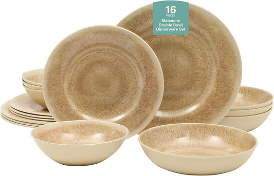 Gibson Home Casper Court 16-Piece Melamine Dinnerware Set – Beige Reactive Glaze Look Plates and Bowls, Service for 4 – Top Rack Dishwasher Safe Everyday Dining Set