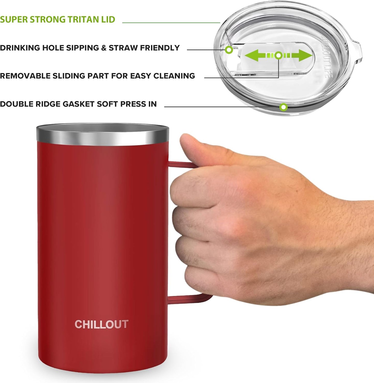 CHILLOUT LIFE Stainless Steel Vacuum Insulated Coffee Mug 16 oz (Set of 2) with Handle and Lid, Large Thermal Camping Coffee Mugs with Sliding Lid for Men & Women, Keeps Your Beverages Hot & Cold