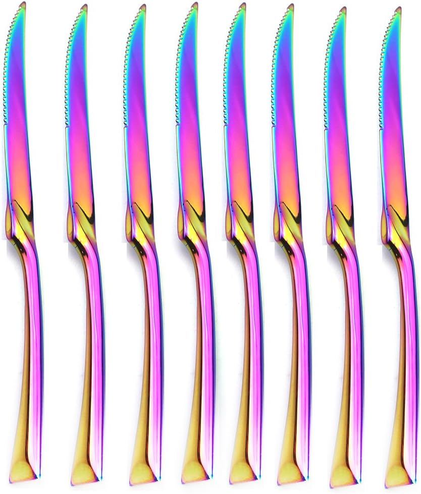 JASHII 18/10 Stainless Steel 8 Piece Mirror Polished Rainbow Serrated Steak Knife Colorful Serving Black Utensil Set